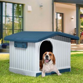 Dextrus Large Plastic Dog House with Liftable Roof, Indoor Outdoor Doghouse Puppy Shelter with Detachable Base and Adjustable Bar Window, Water Resist